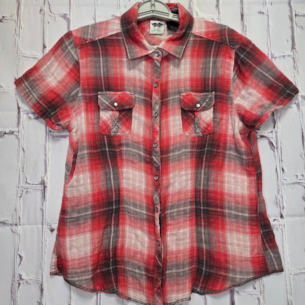 Harley-Davidson Button Up Shirt Red Plaid Embroidered Biker Western Womens Large